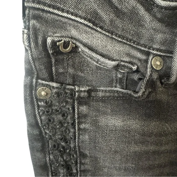True Religion Halle Mid Rise Super Skinny Moto Women’s Jean Black Distressed 25 - Picture 11 of 15